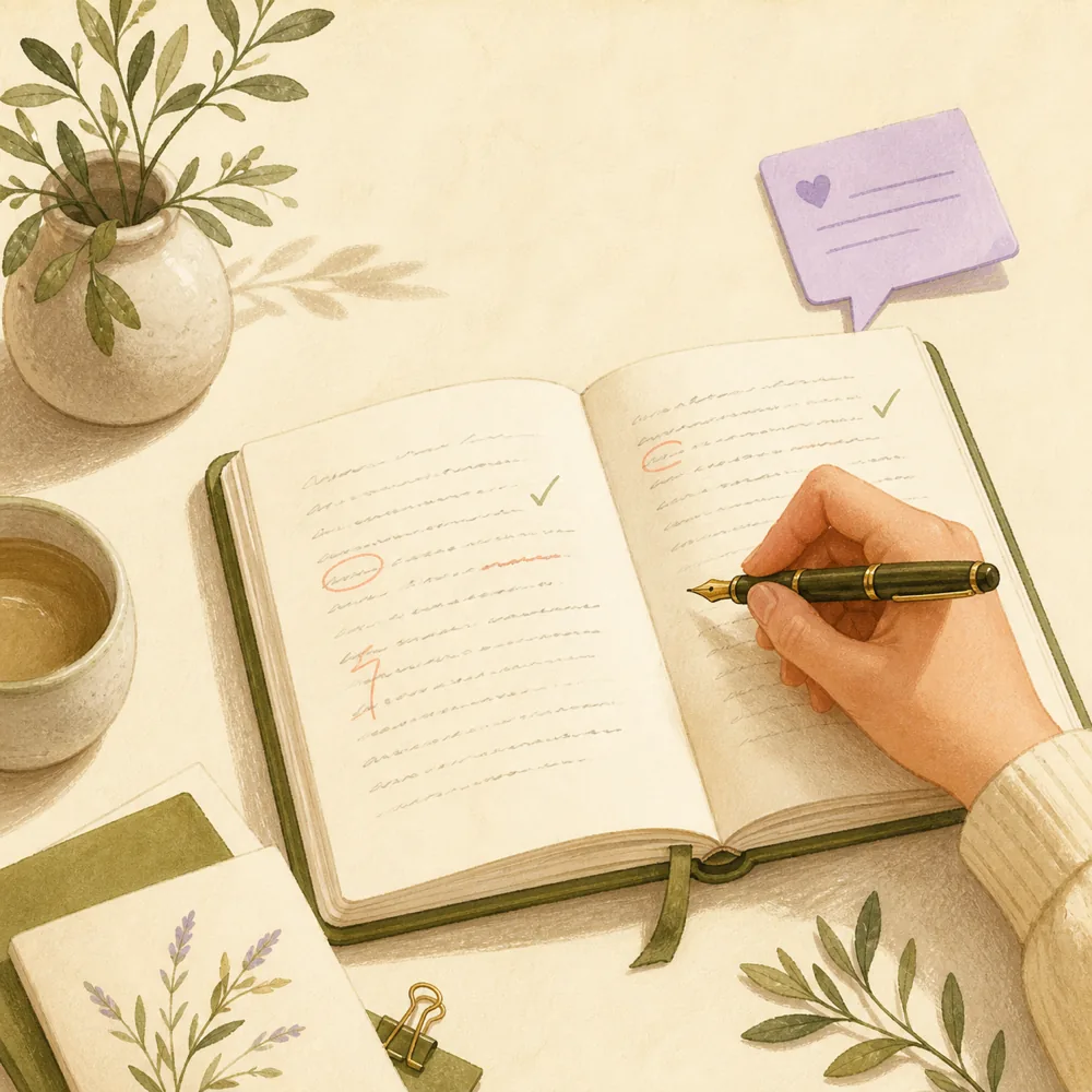 An open diary being written at a quiet desk